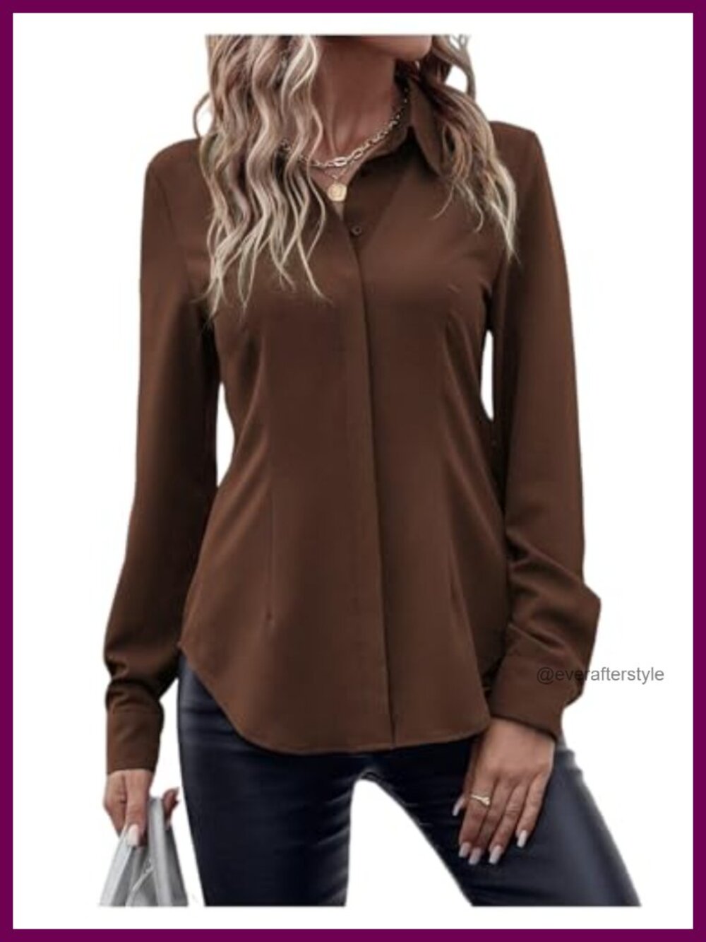 Women's Button Down Long Sleeve Collared Curved Hem Work Blouses